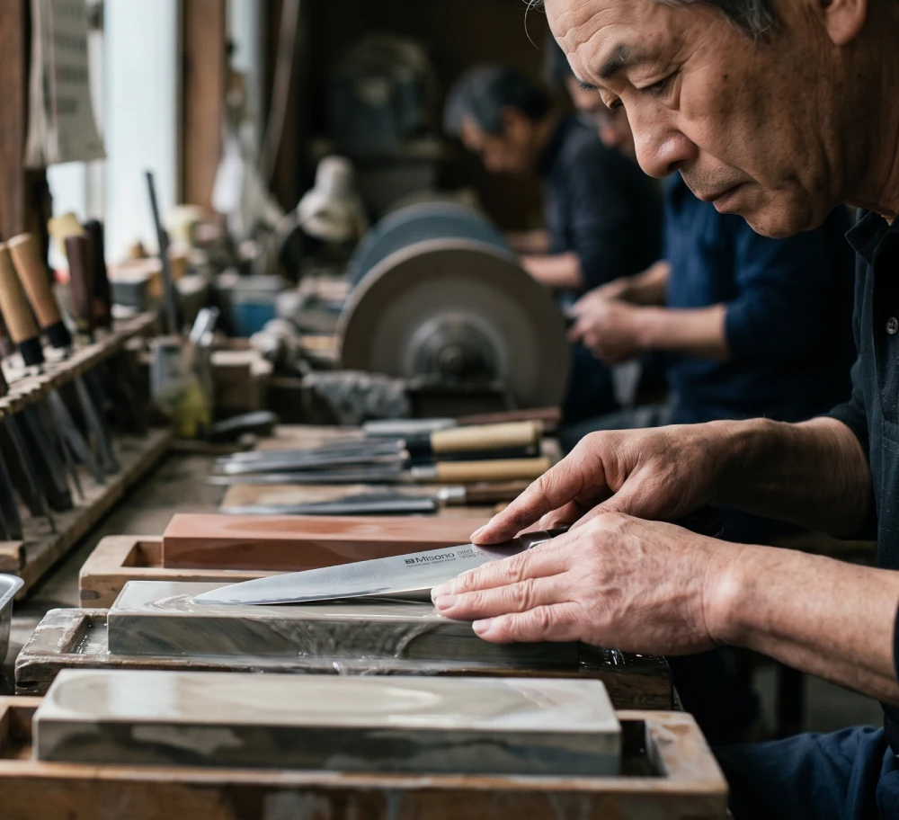 Man sharpening knife in workshop